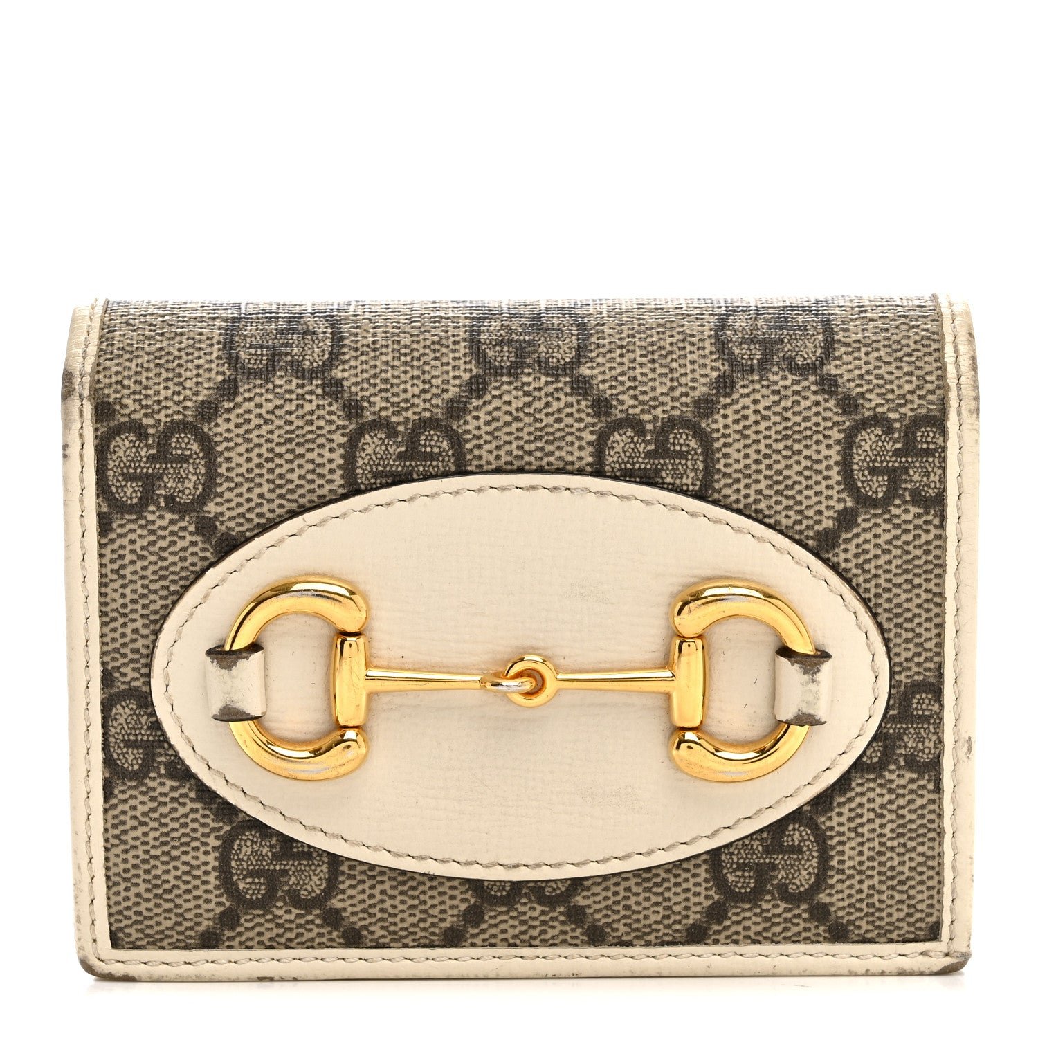 Gucci GG Supreme Monogram Azalea Calfskin Horsebit 1955 Card Case Wallet Beige Ebony Mystic White