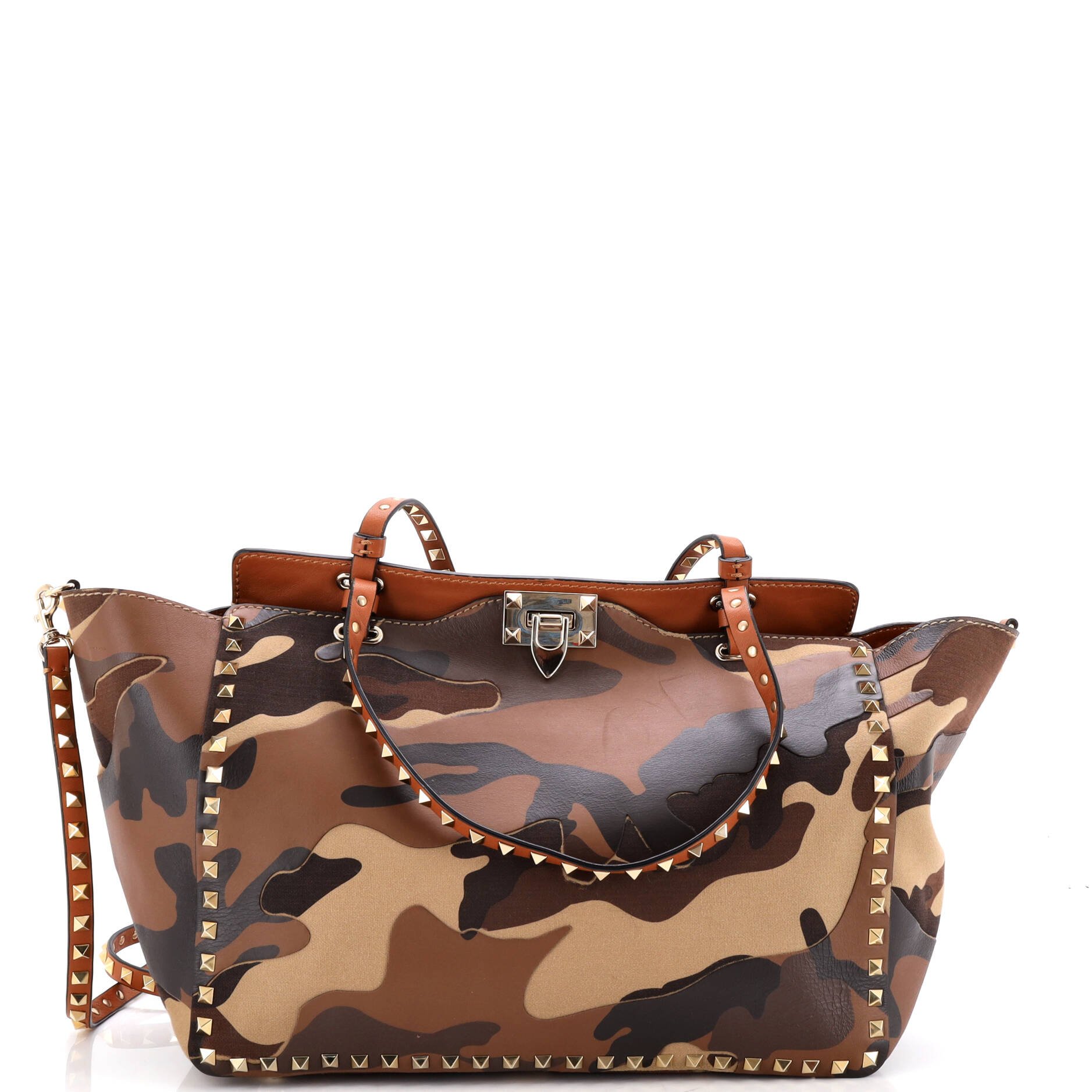 Rockstud Tote Camo Leather and Canvas Medium