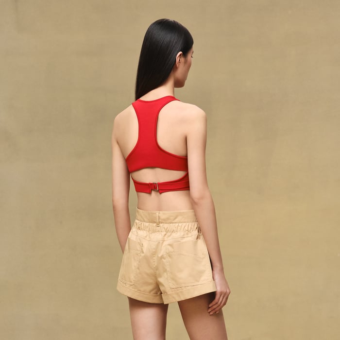 Beige Cajou Pleated Waist Cotton Shorts