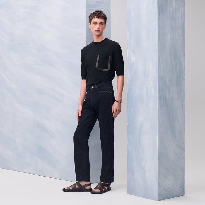 Indigo Jeans With Leather Pocket Detail