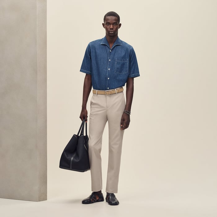 Indigo Lavé Short-sleeve Straight Cut Shirt With Notched Collar