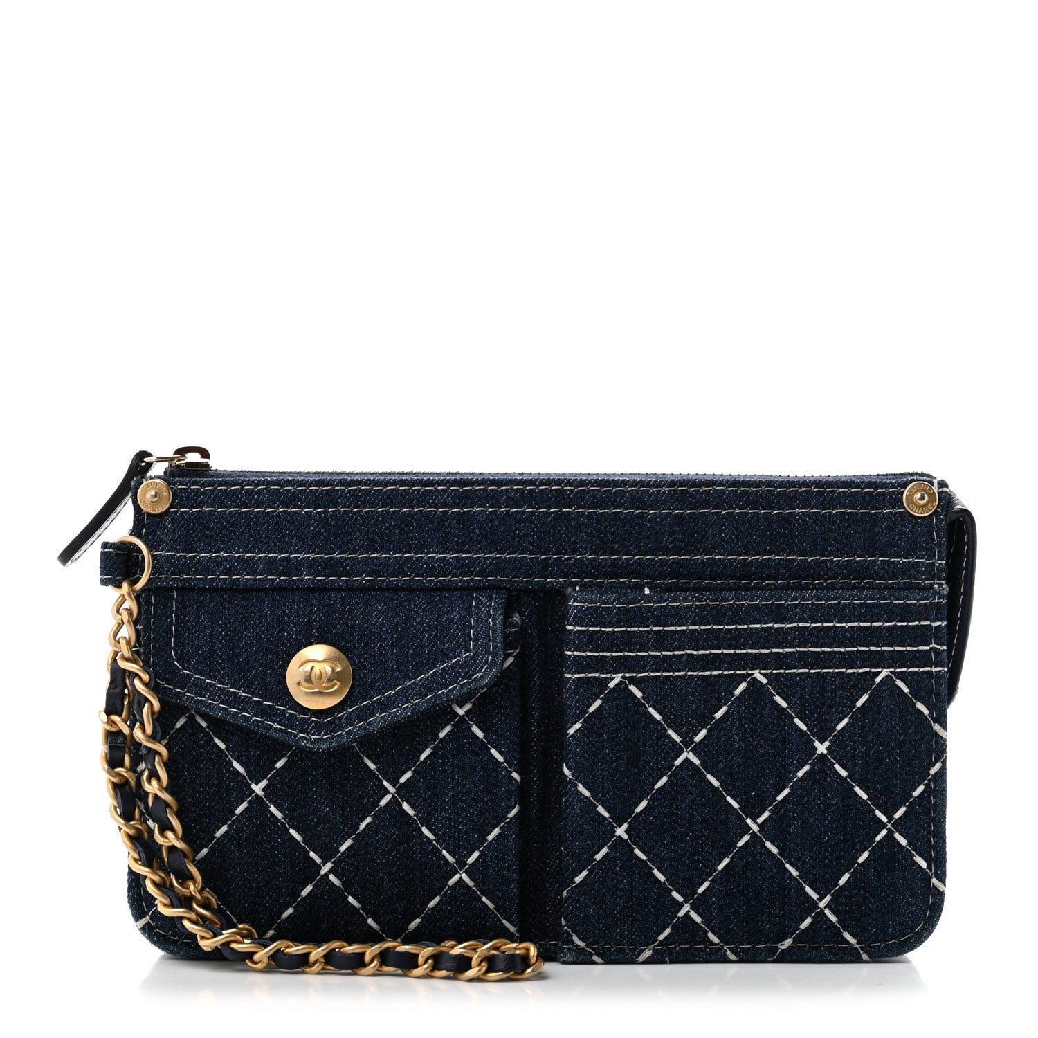 Chanel Denim Quilted Zipped Wristlet Clutch Blue