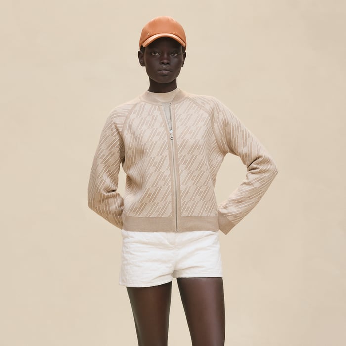 Beige Cremello "H En Biais" Long-sleeve Reversible Cardigan