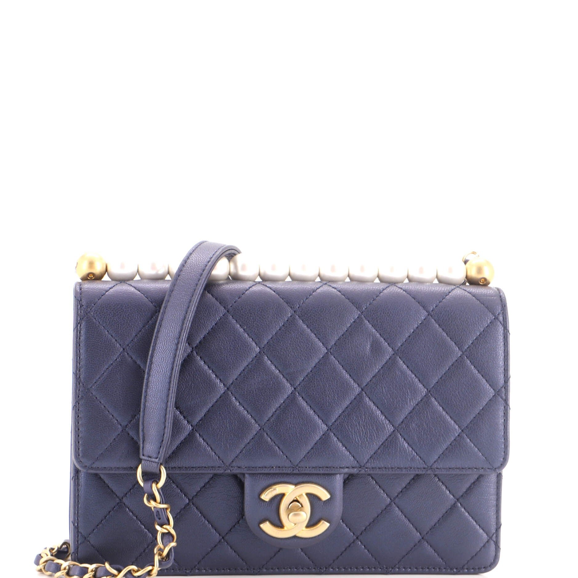 Chic Pearls Flap Bag Quilted Iridescent Caviar Small