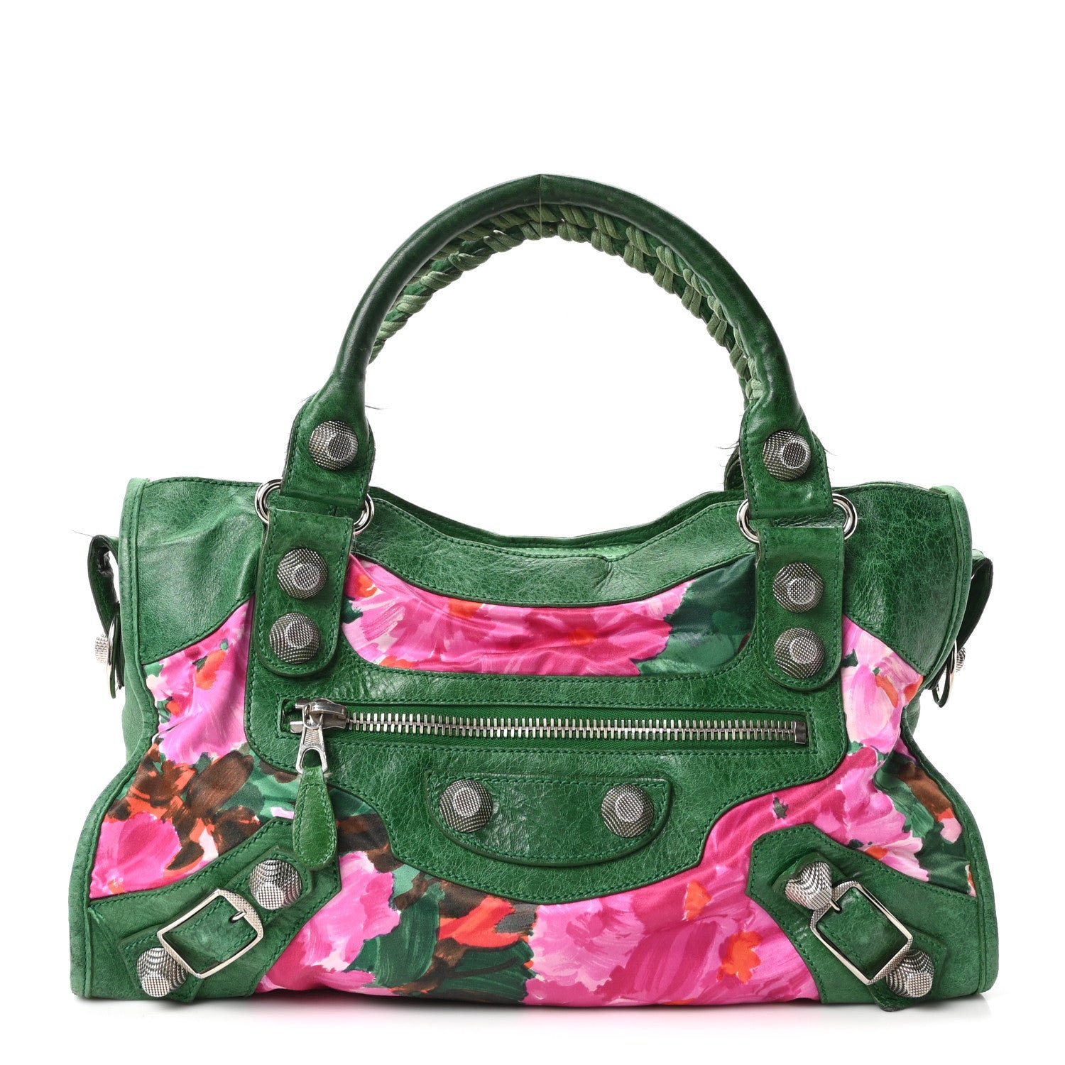 Balenciaga Chevre Satin Giant 21 Silver Hardware City Green Floral