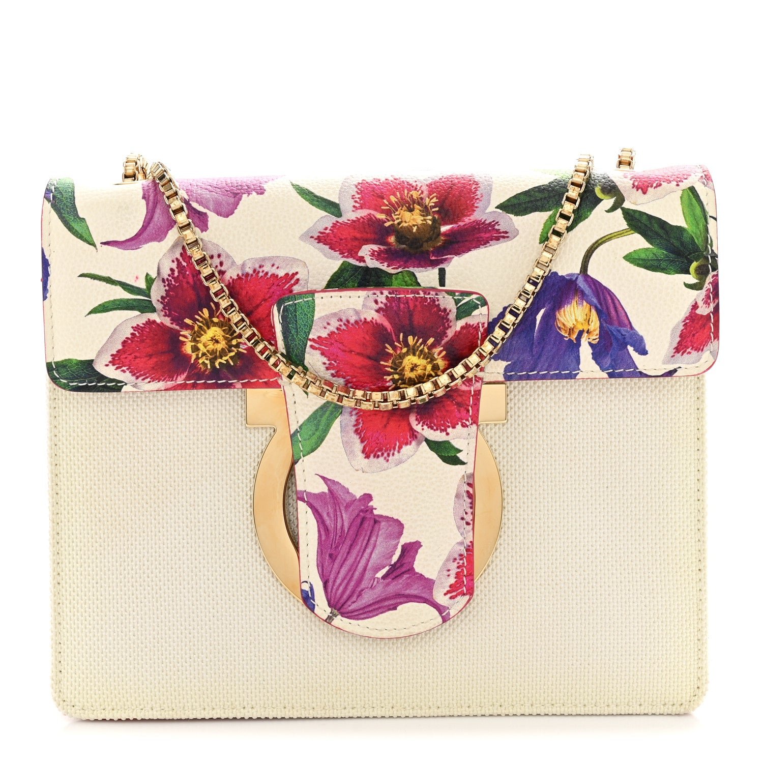 Salvatore Ferragamo Canvas Calfskin Thalia Crossbody Bag White Multicolor