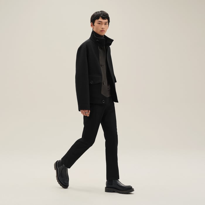 Noir Straight Cut Jacket With Leather Detail