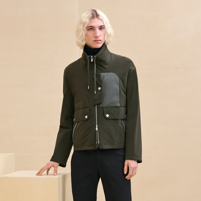 Kaki Straight Cut Jacket With Leather Detail