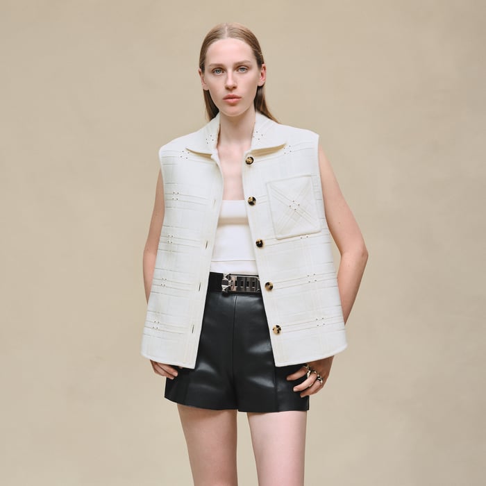 Blanc Naturel Embroidered Short Vest With Leather Detail