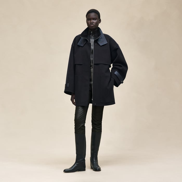 Bleu Noir Short Mixed Leather Cashmere Coat