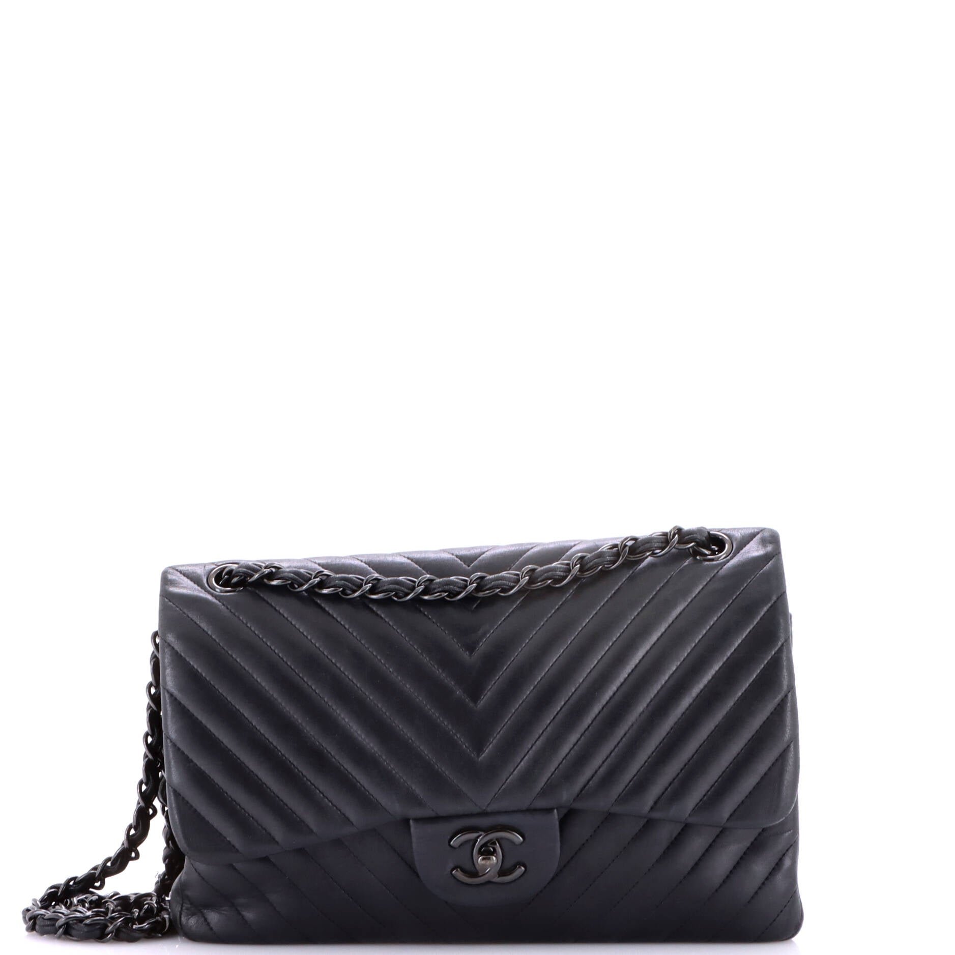 So Black Classic Double Flap Bag Chevron Lambskin Jumbo