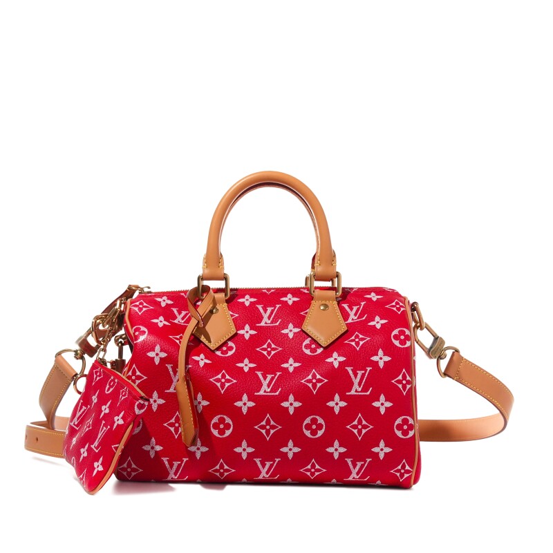 Louis Vuitton Red and White Monogram Leather Speedy P9 Bandoulire 25 Gold Hardware