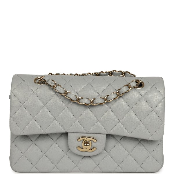 Chanel Small Classic Double Flap Bag Light Grey Caviar Light Gold Hardware