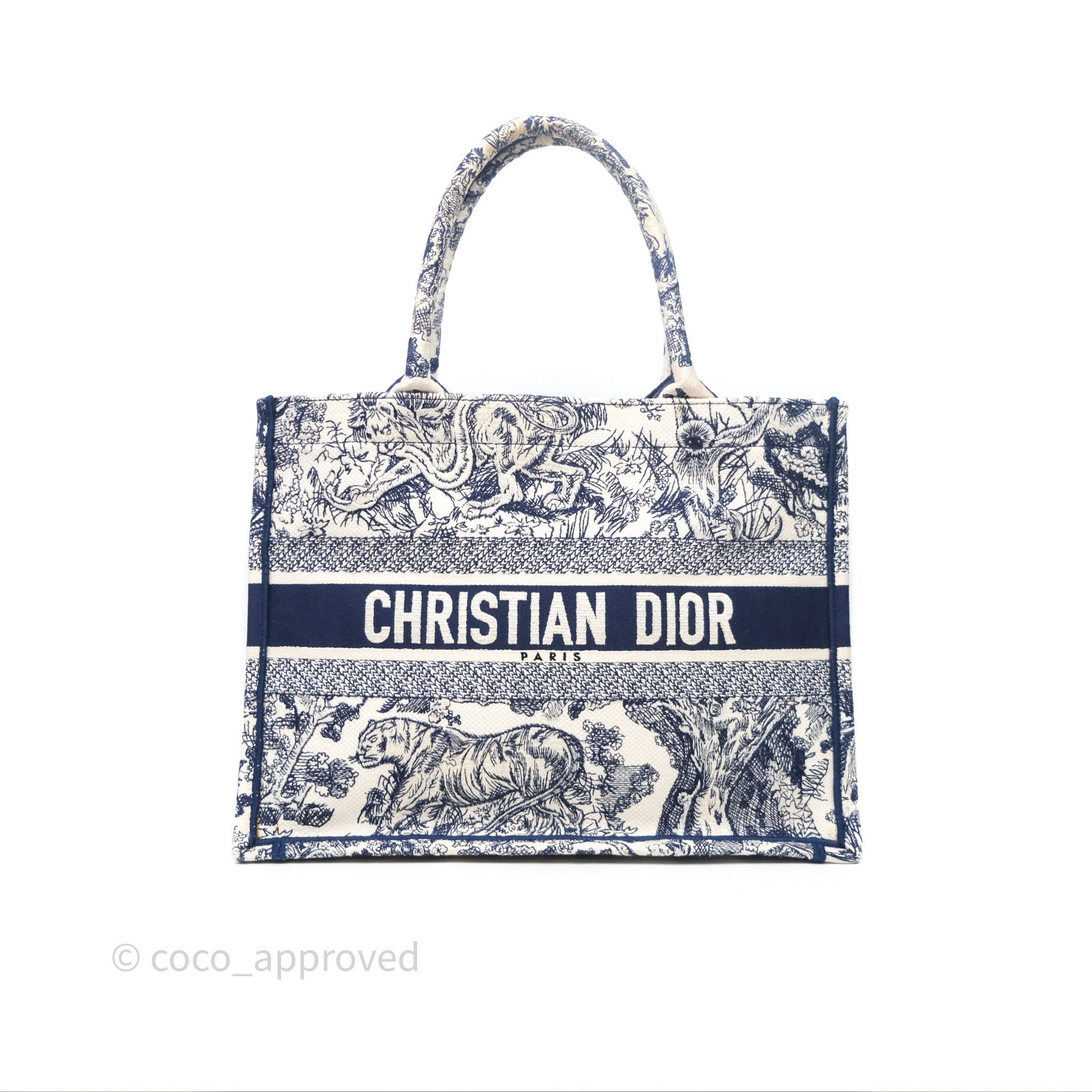 Christian Dior Medium (Old Small) Embroidered Toile De Jouy Canvas Book Tote Blue