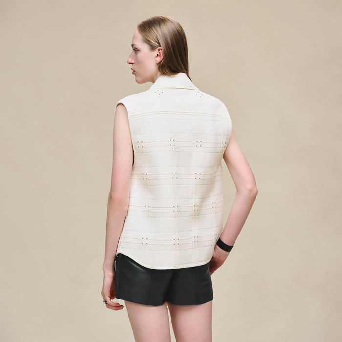 Blanc Naturel Embroidered Short Vest With Leather Detail