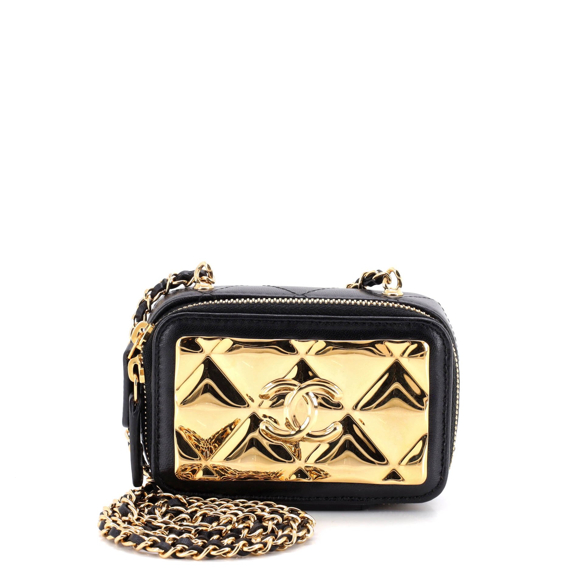 Golden Plate Zip Around Vanity Case with Chain Quilted Metal and Lambskin Extra Mini