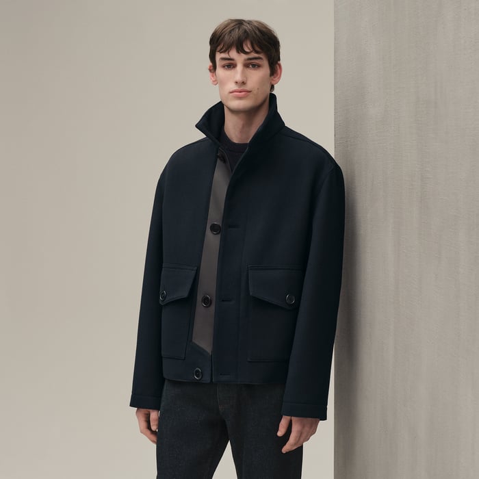 Marine Straight Cut Jacket With Leather Detail