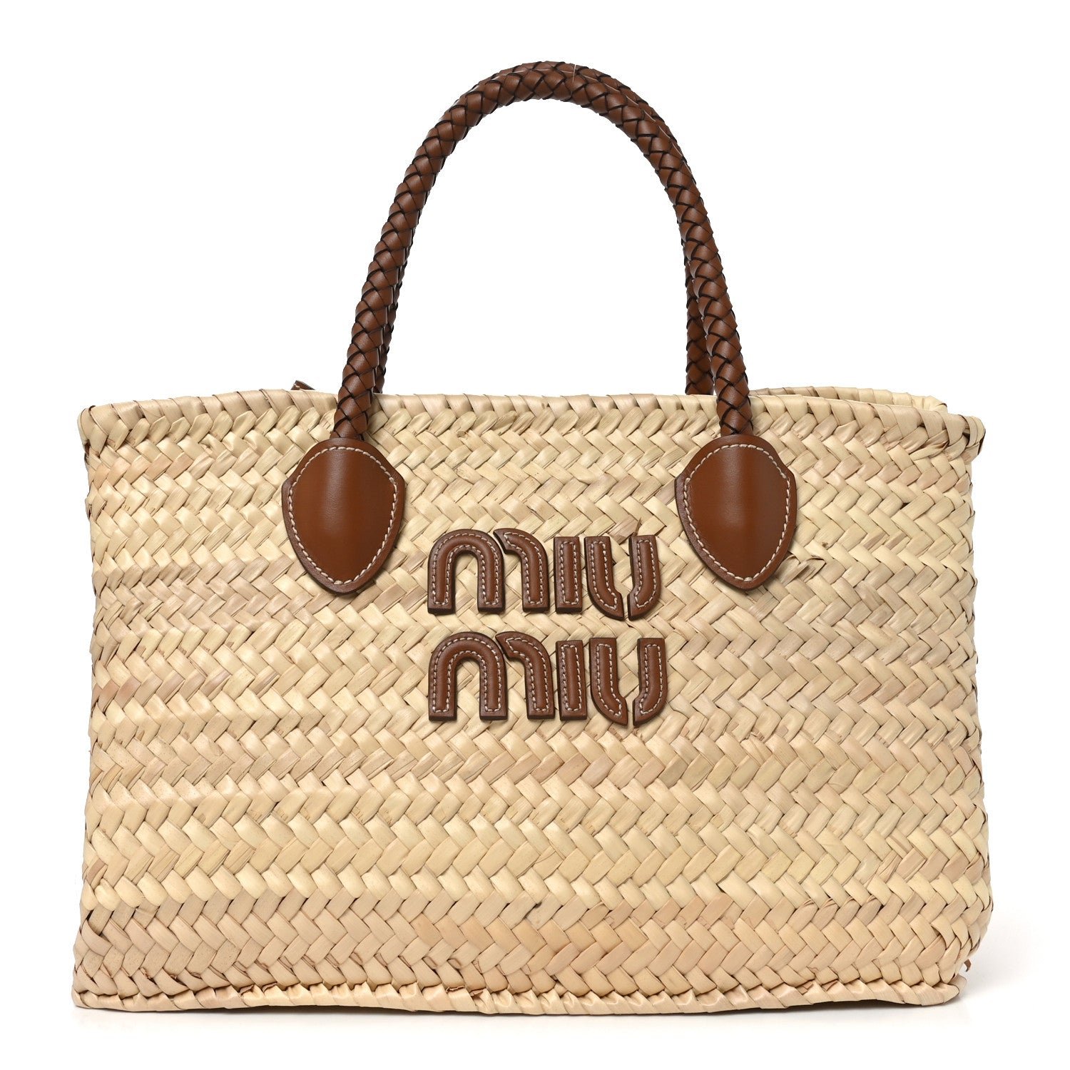 Miu Miu Raffia Braided Handle Tote Beige Cognac