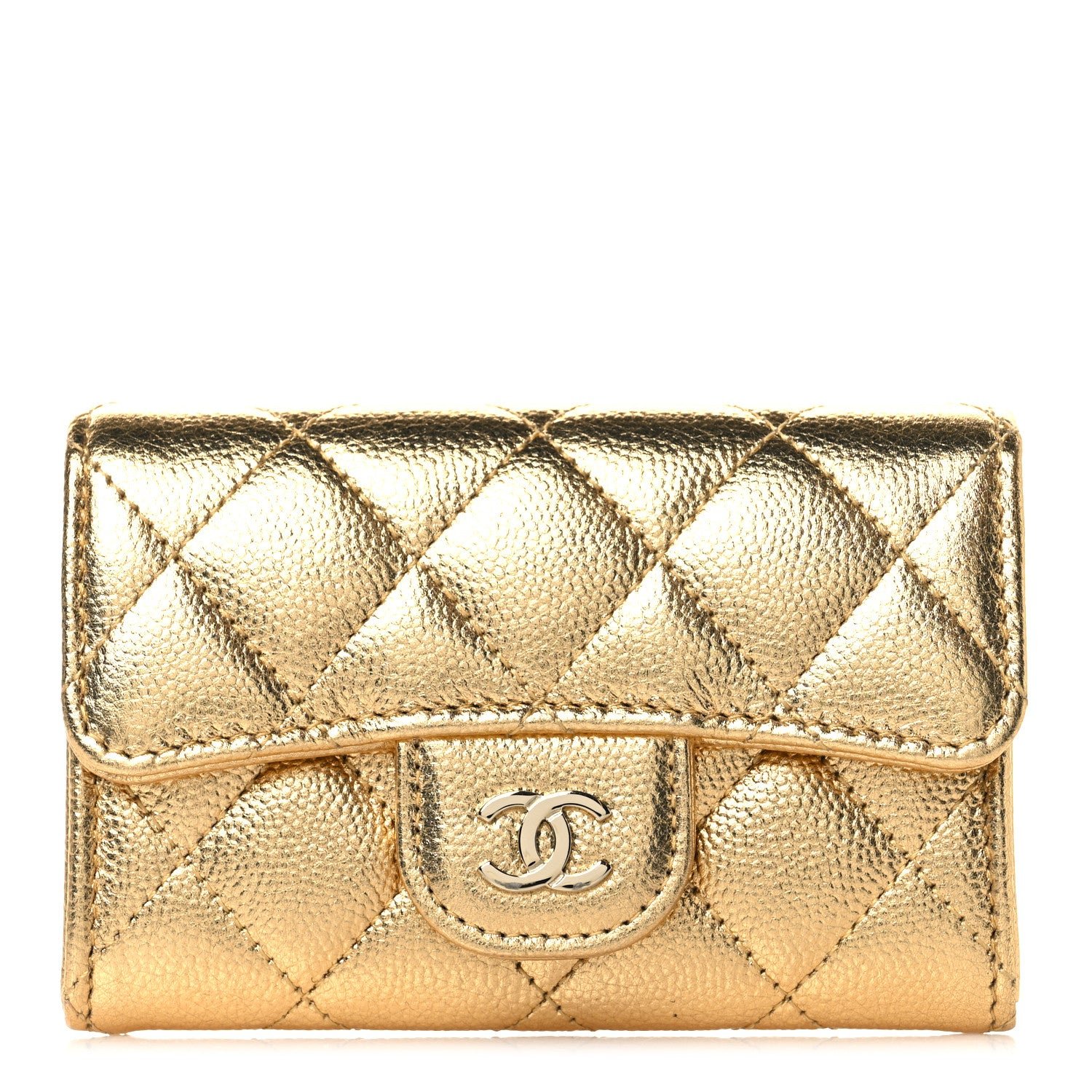 Chanel Metallic Caviar Quilted Flap Card Holder Wallet Gold
