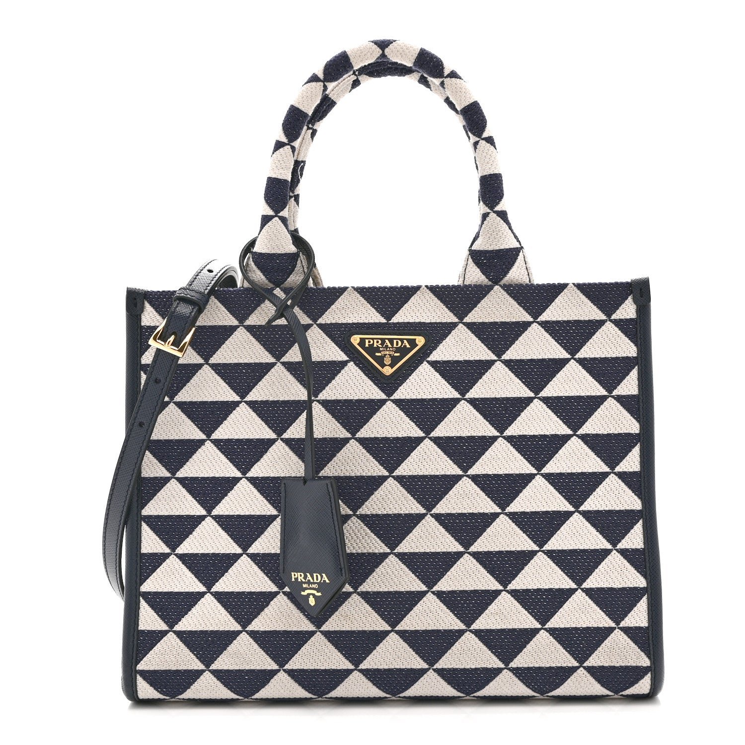 Prada Jacquard Saffiano Triangolo Symbole Embroidered Small Tote Baltico Talco