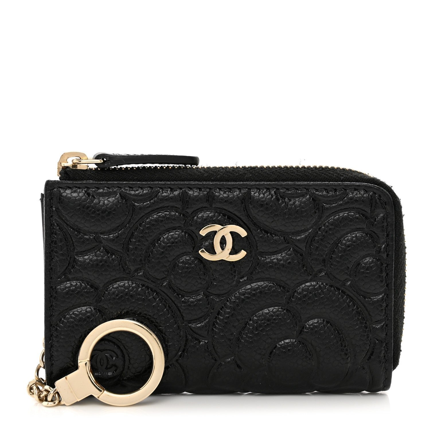 Chanel Caviar Camellia Embossed Key Holder Case Black
