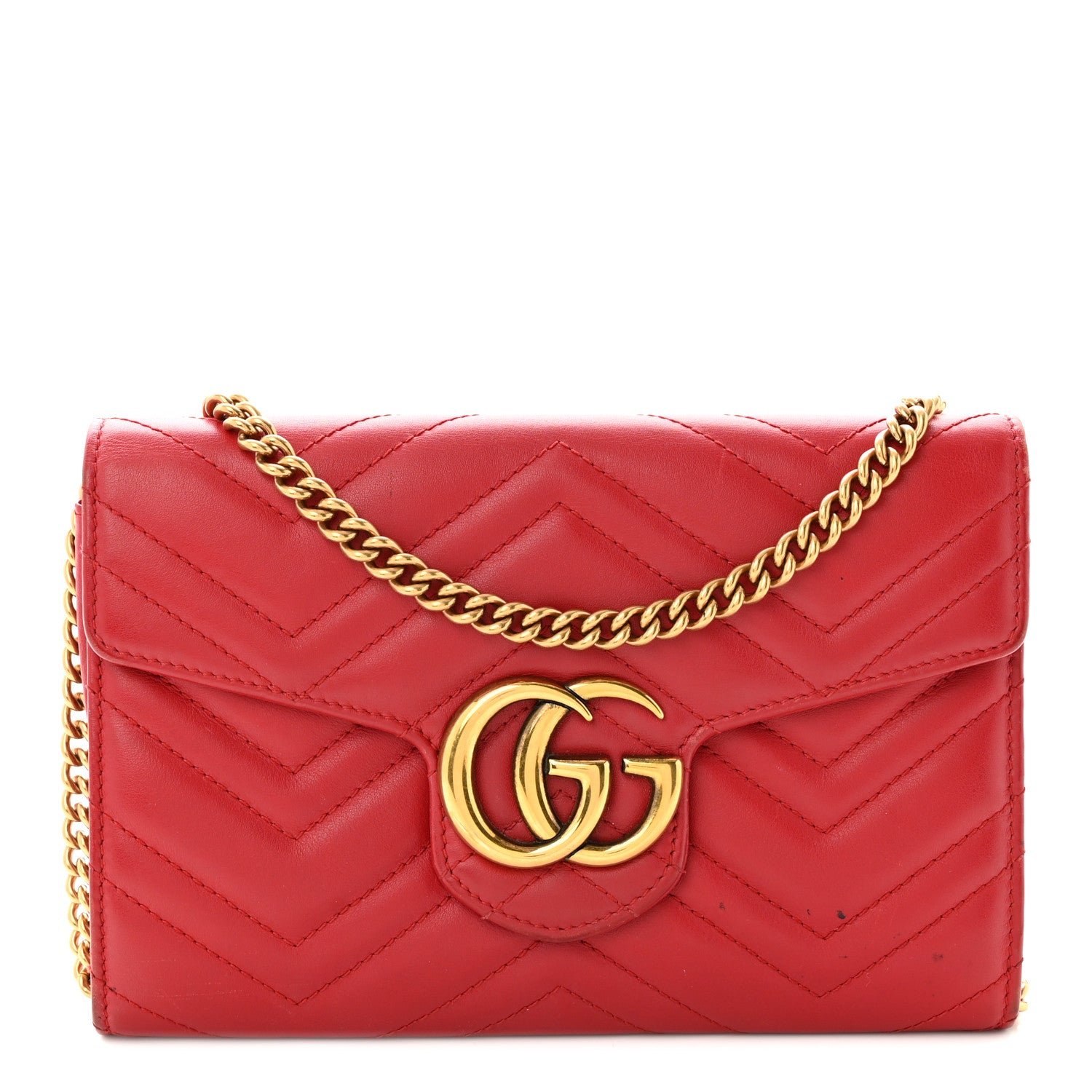 Gucci Calfskin Matelasse Mini GG Marmont Chain Wallet Hibiscus Red