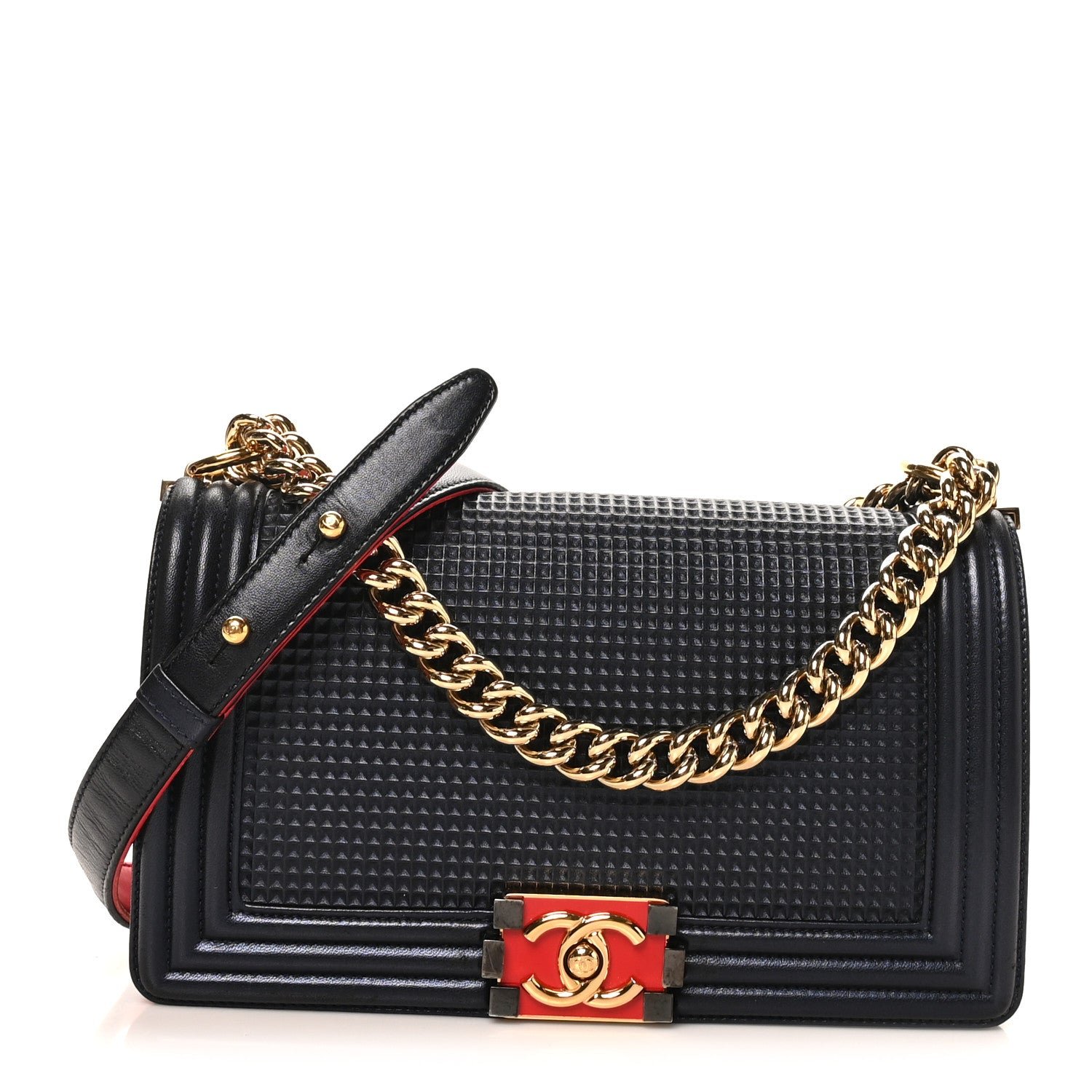 Chanel Lambskin Embossed Medium Boy Cube Flap Navy