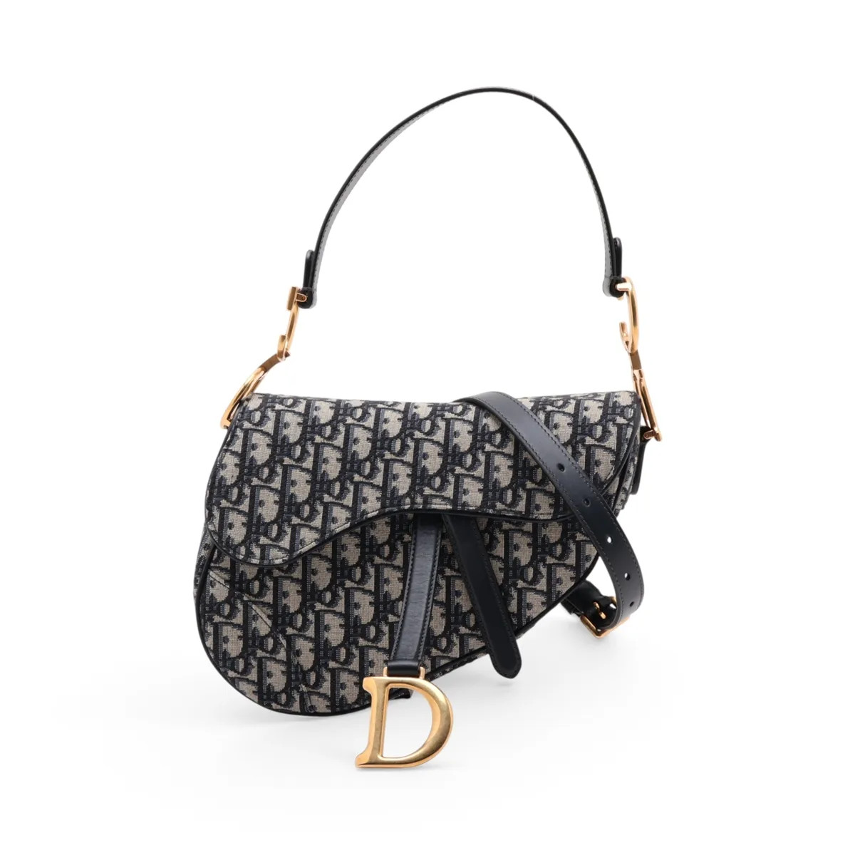 Christian Dior Oblique Saddle Bag Canvas & Leather 2 Way Shoulder Bag Navy Blue