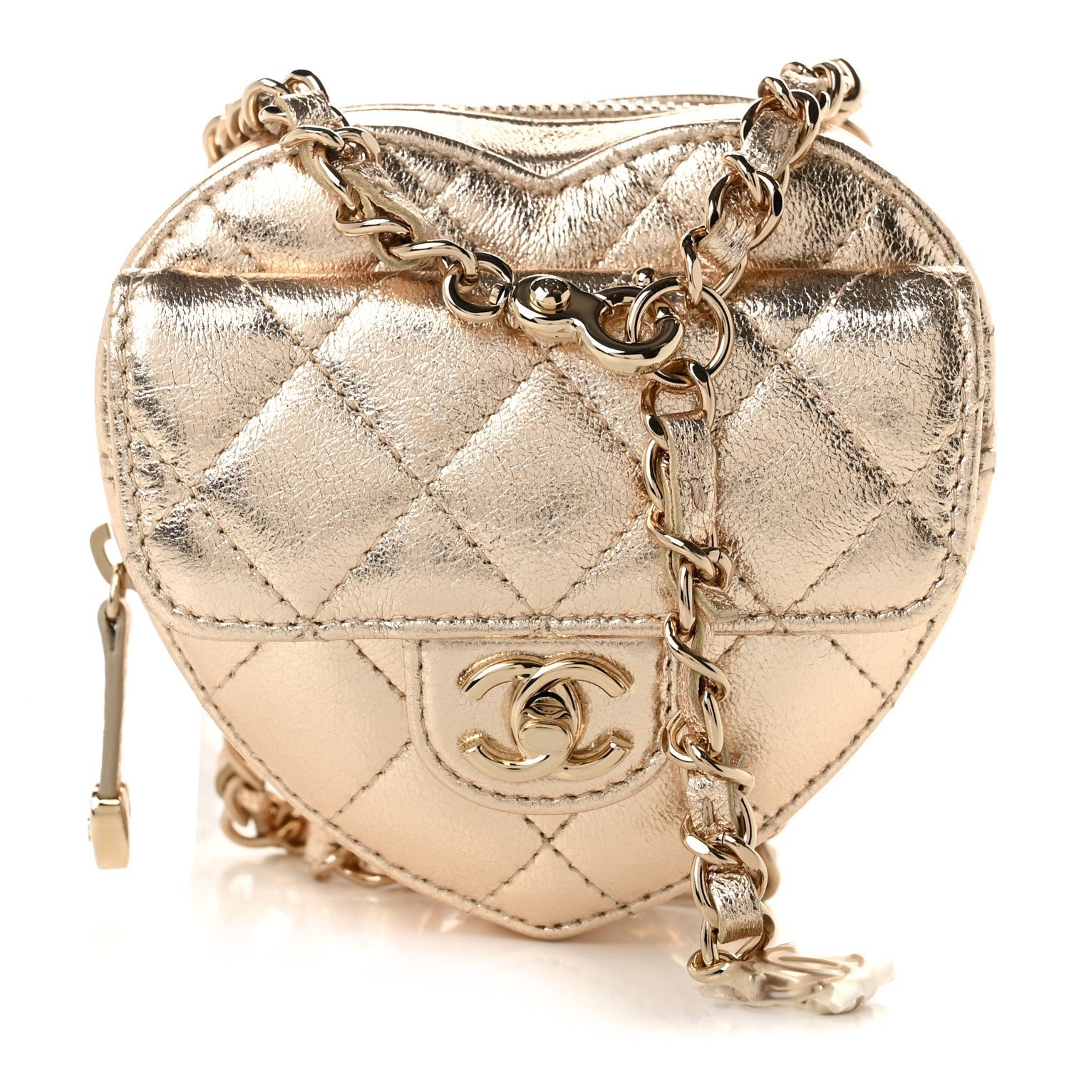 Chanel Metallic Lambskin Quilted CC In Love Heart Waist Belt Bag With Chain Gold