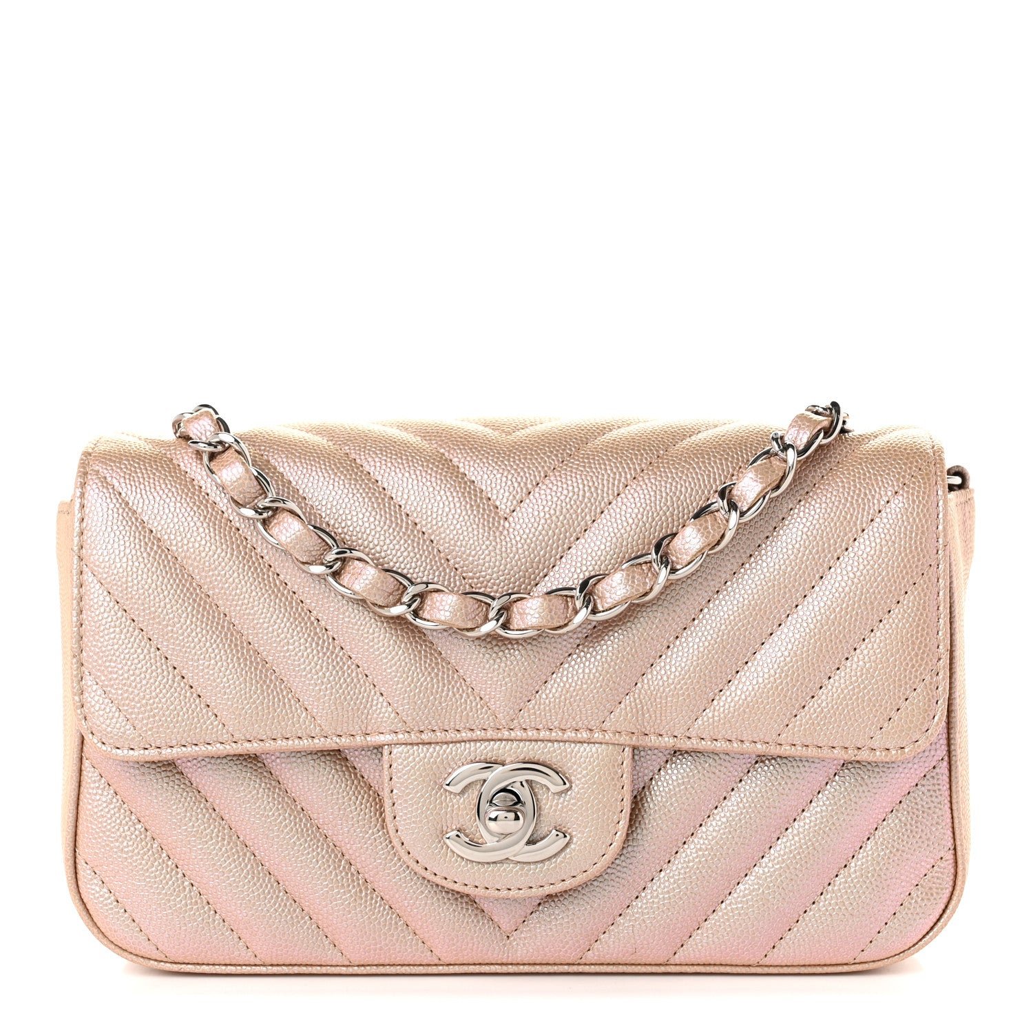 Chanel Iridescent Caviar Chevron Quilted Mini Rectangular Flap Light Gold