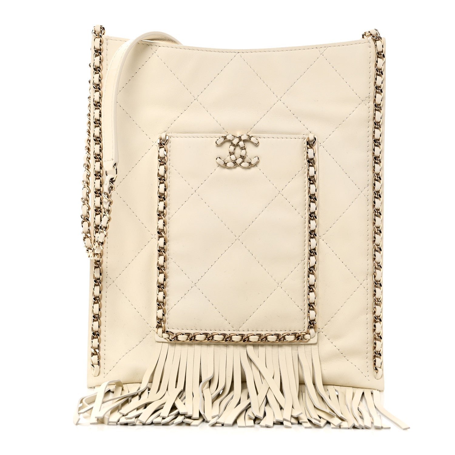 Chanel Calfskin Quilted Fringe Small Shopping Bag White