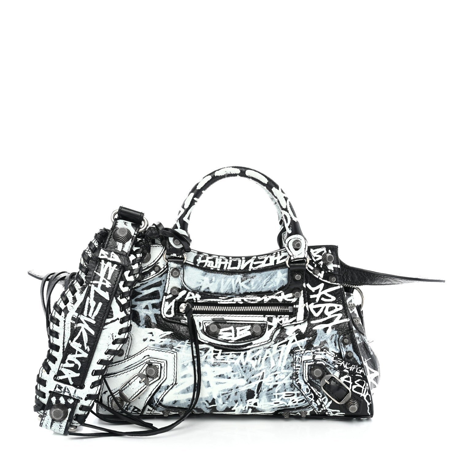 Balenciaga Agneau Arena Graffiti Neo Cagole City Handbag XS Black White