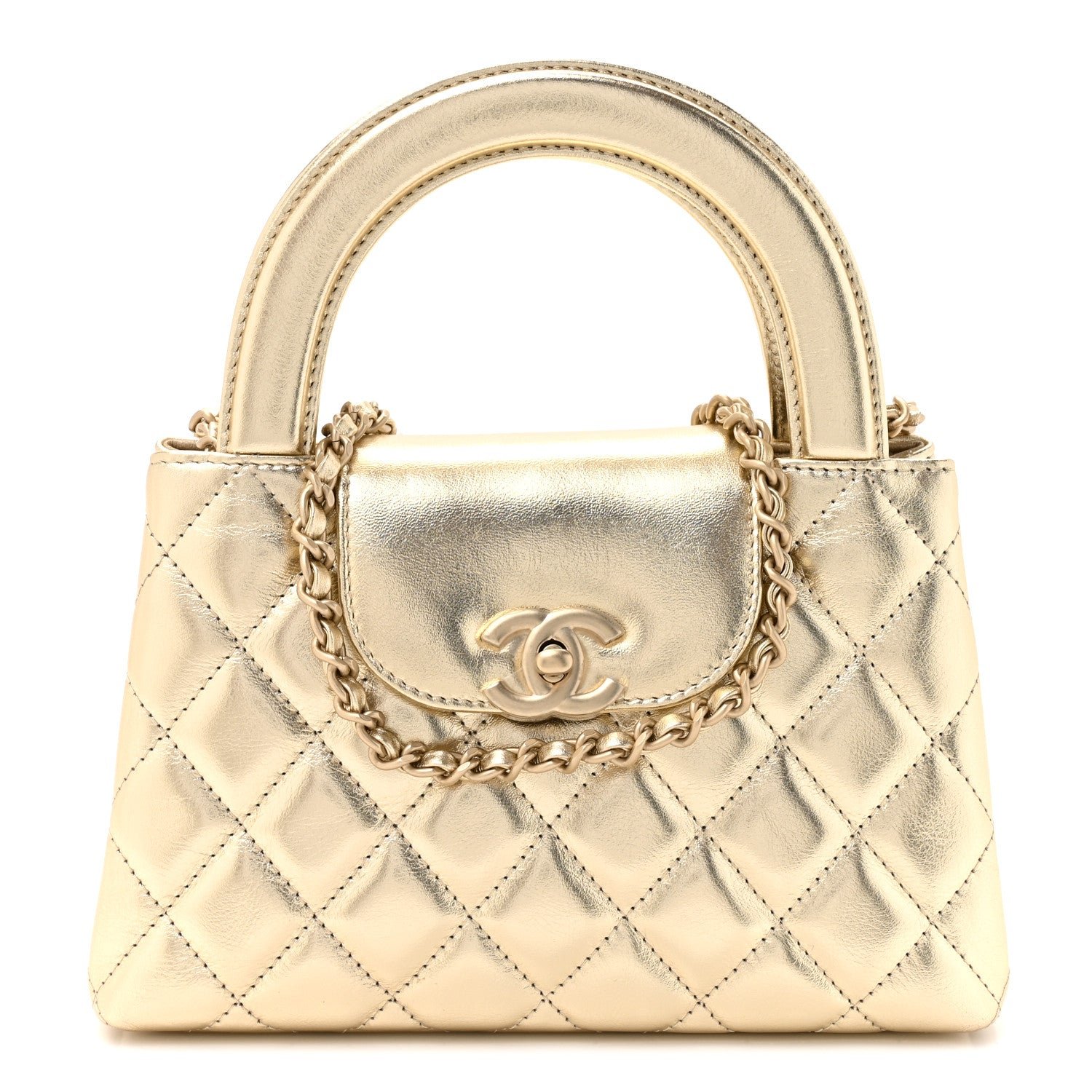 Chanel Metallic Shiny Aged Calfskin Quilted Nano Kelly Shopper Gold