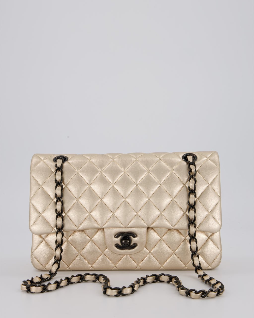 Chanel Metallic Gold Classic Medium Double Flap Bag in Lambskin Leather with Black contrasting Hardware