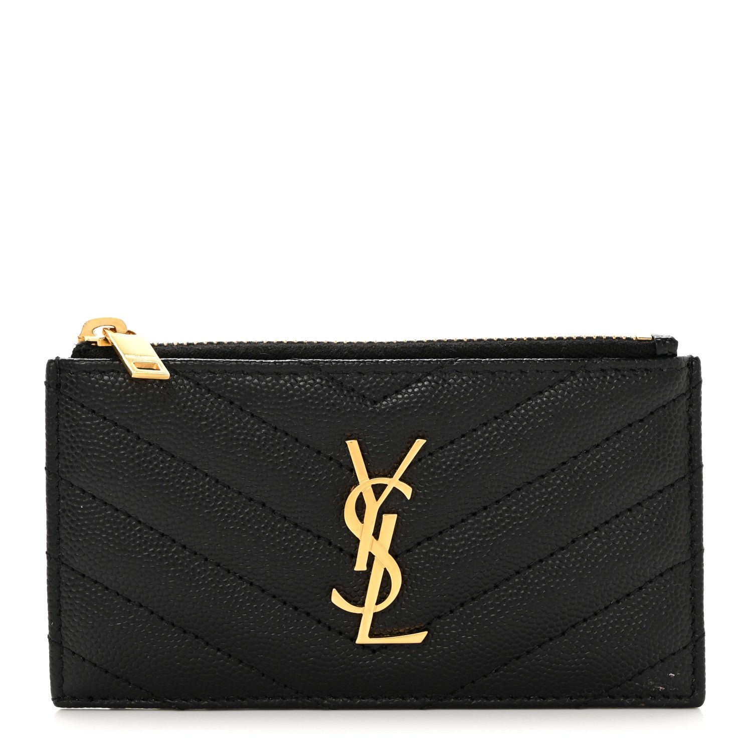 Saint Laurent Grain De Poudre Matelasse Chevron Monogram Fragments Zippered Card Case Black