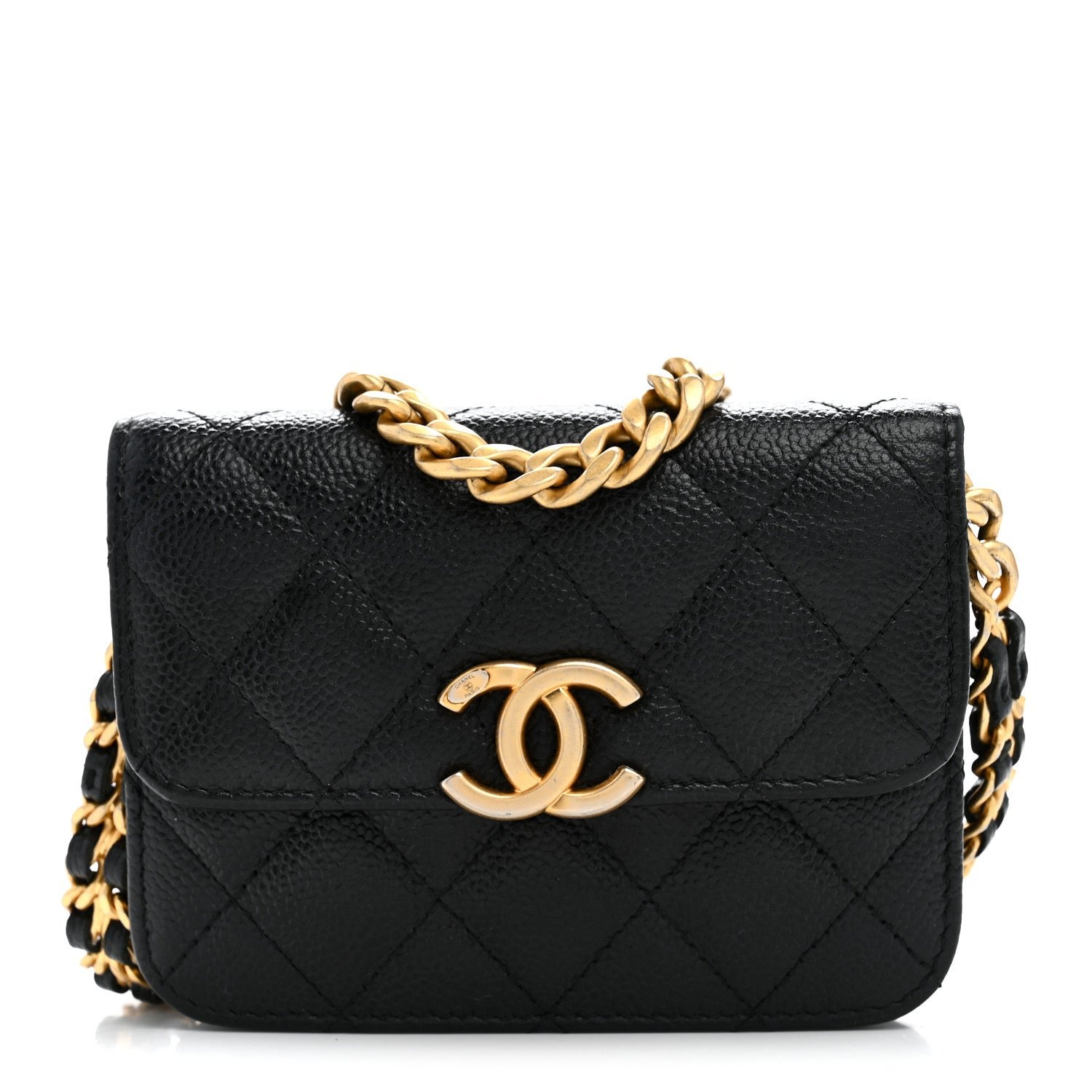 Chanel Shiny Caviar Quilted Chain Melody Card Holder On Chain Black