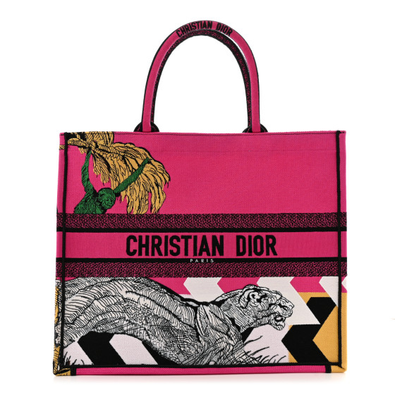 Dior Canvas Embroidered Large Jungle Pop Book Tote Fuchsia Multicolor