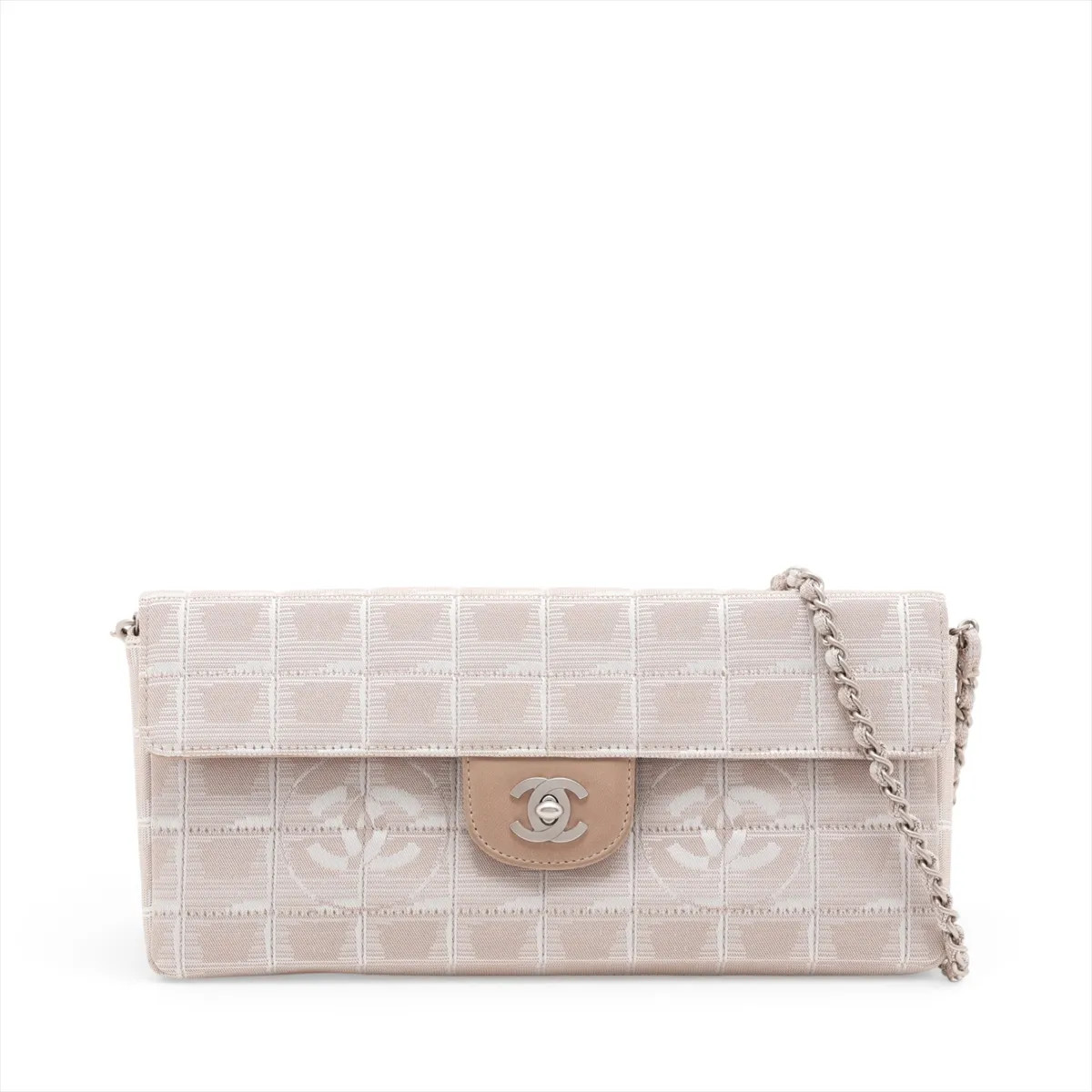 Chanel New Travel Line Nylon & Leather Chain Shoulder Bag Beige Silver Metal Fit