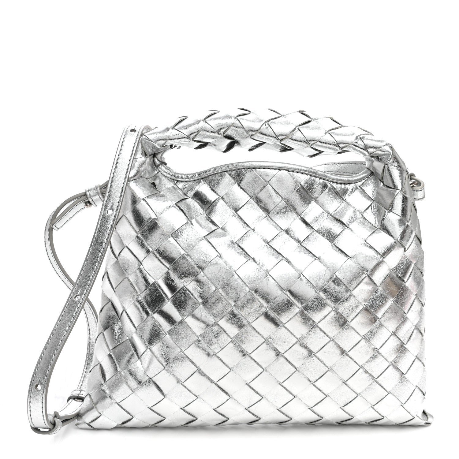 Bottega Veneta Metallic Lambskin Intrecciato Mini Hop Silver