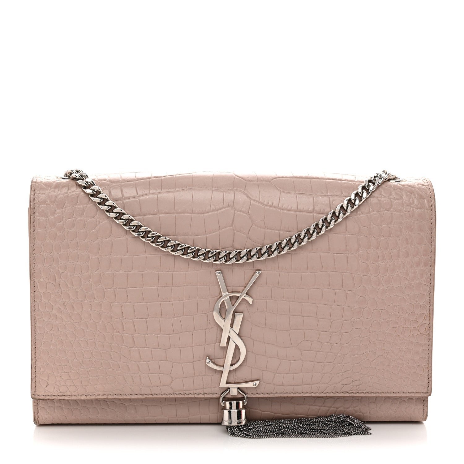 Saint Laurent Calfskin Crocodile Embossed Medium Classic Monogram Kate Tassel Satchel Powder Pink