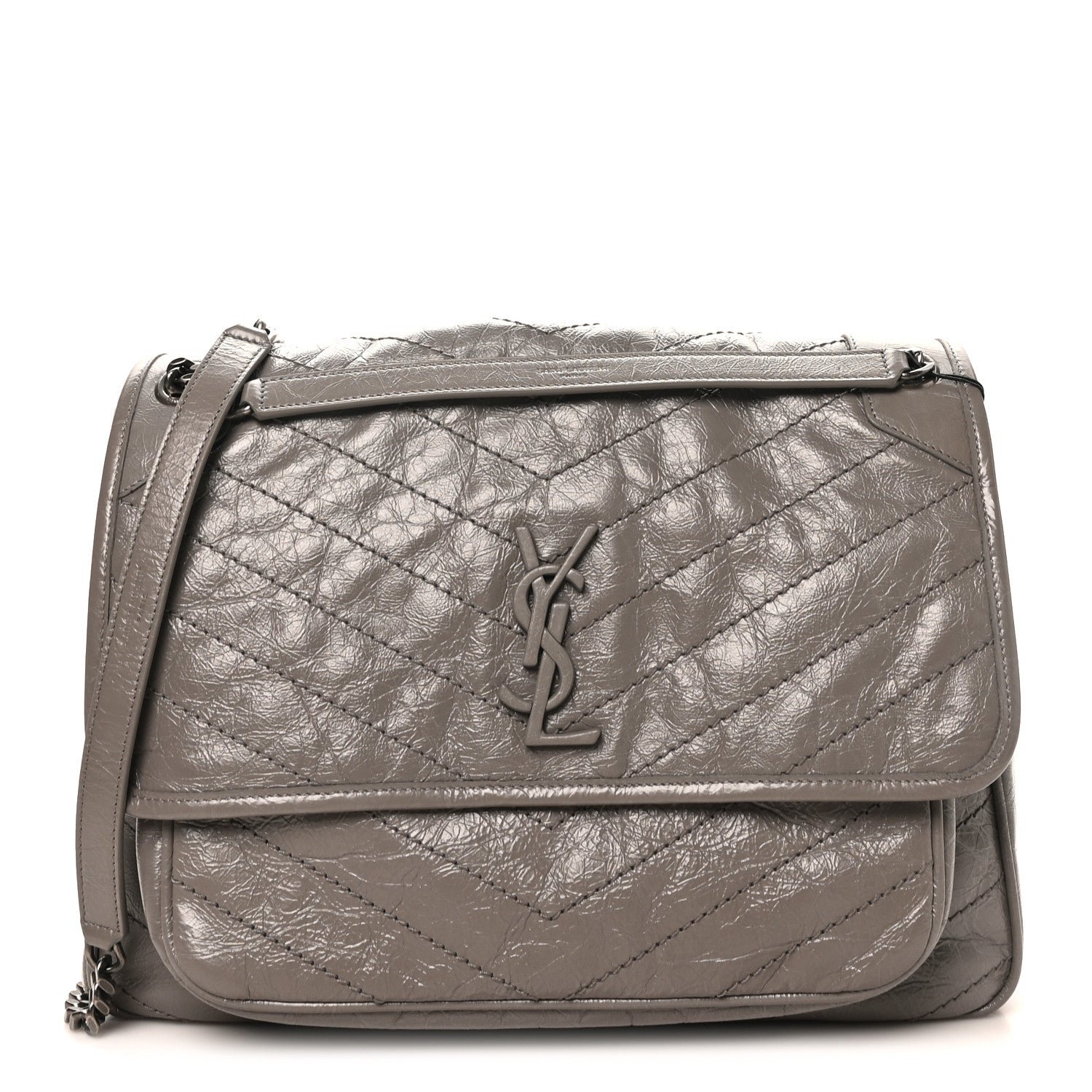 Saint Laurent Crinkled Calfskin Matelasse Monogram Large Niki Chain Satchel Fog