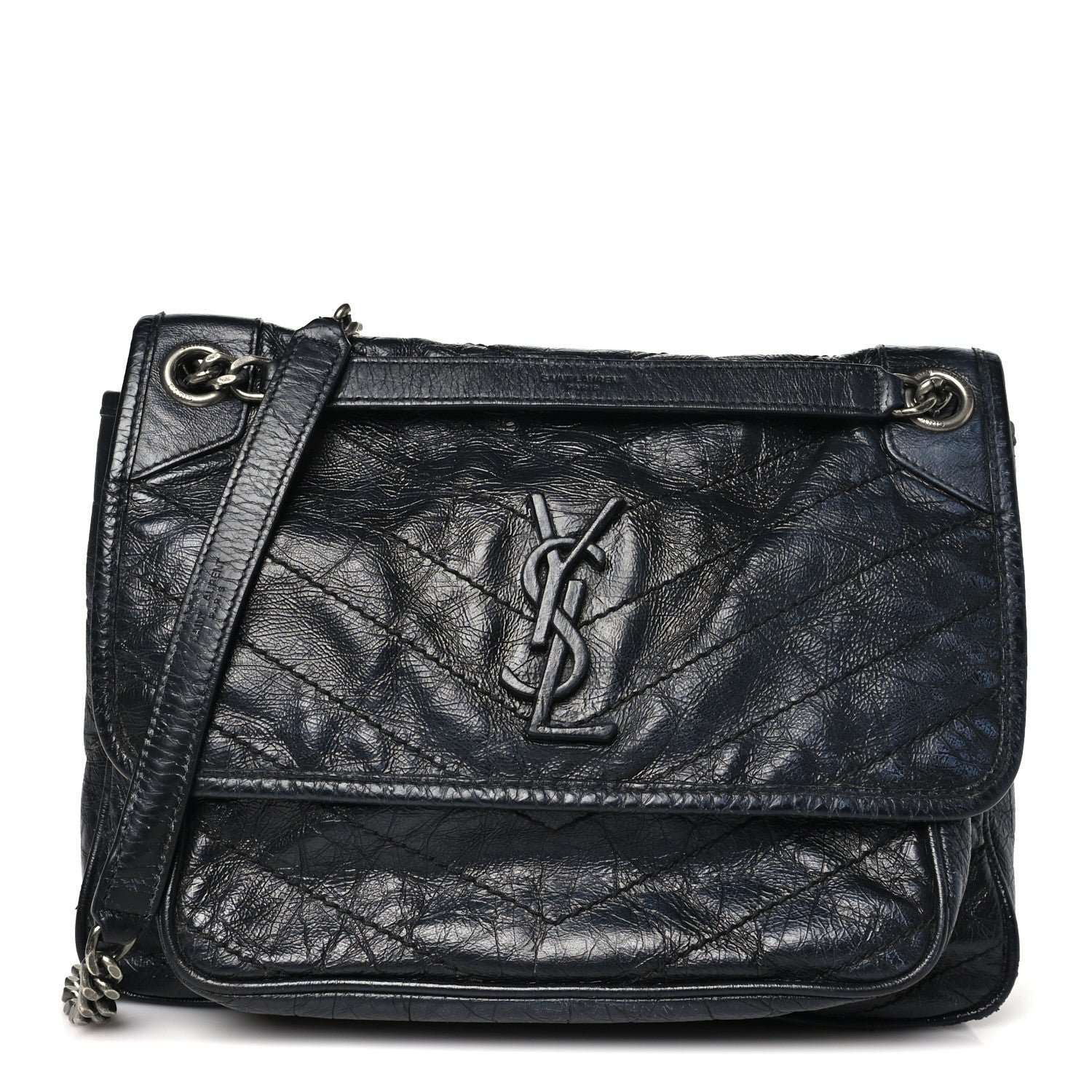 Saint Laurent Crinkled Calfskin Matelasse Monogram Medium Niki Chain Satchel Storm