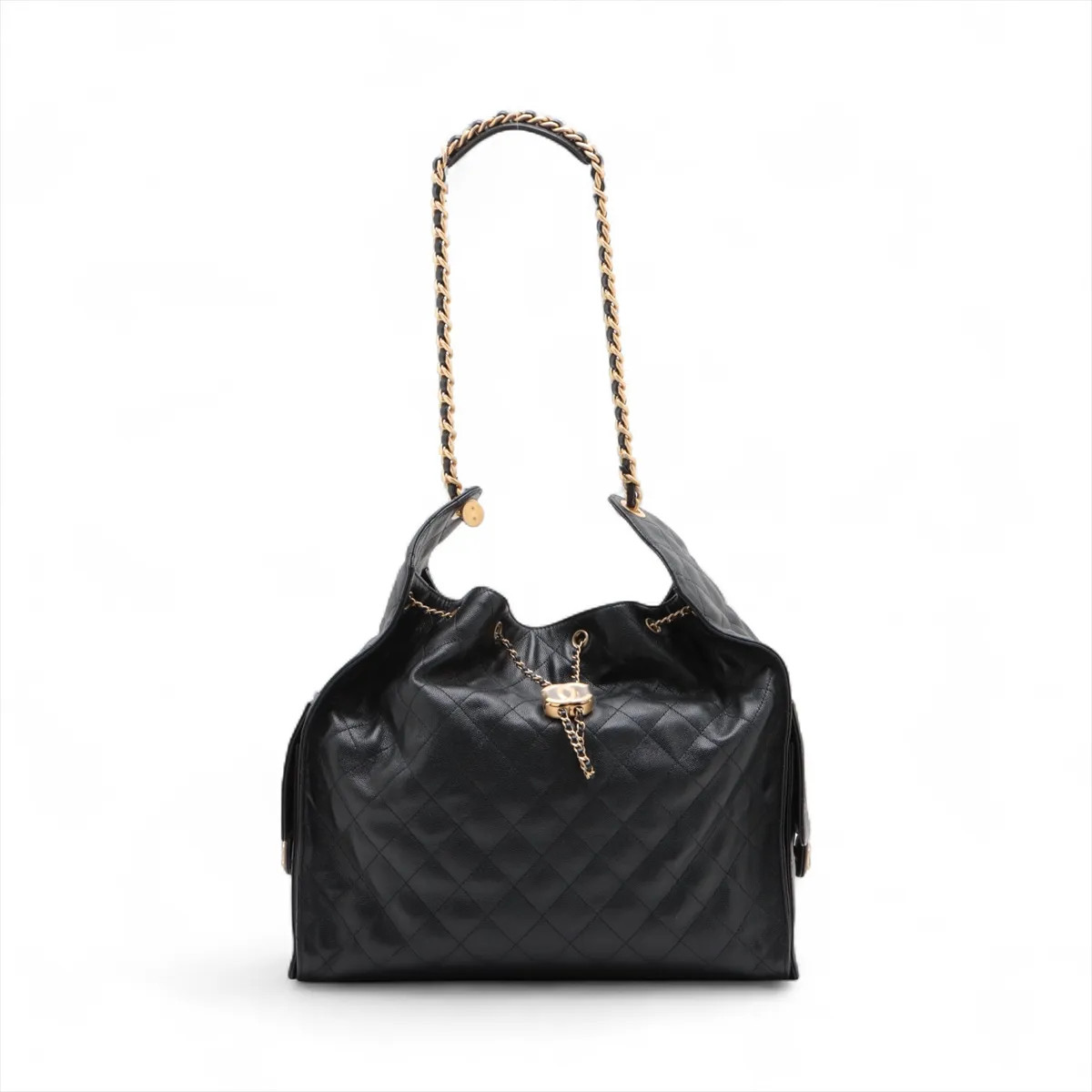 Chanel Chanel 25 Large Grained Calfskin Chain Shoulder Bag Black Gold Metal Fitt