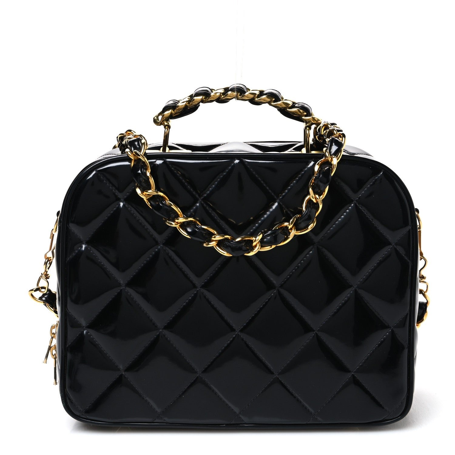 Chanel Patent Quilted Top Handle Lunch Box Carryall Shoulder Bag Black
