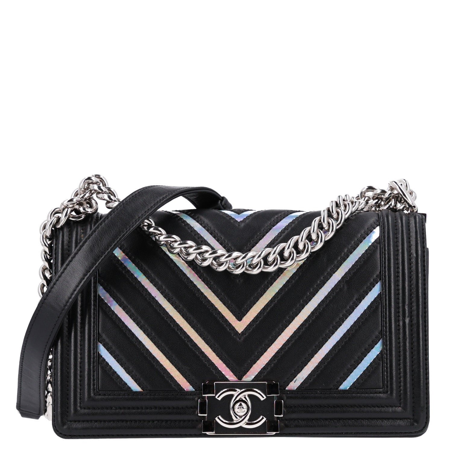 Chanel Lambskin Iridescent PVC Chevron Quilted Medium Boy Flap Black Silver