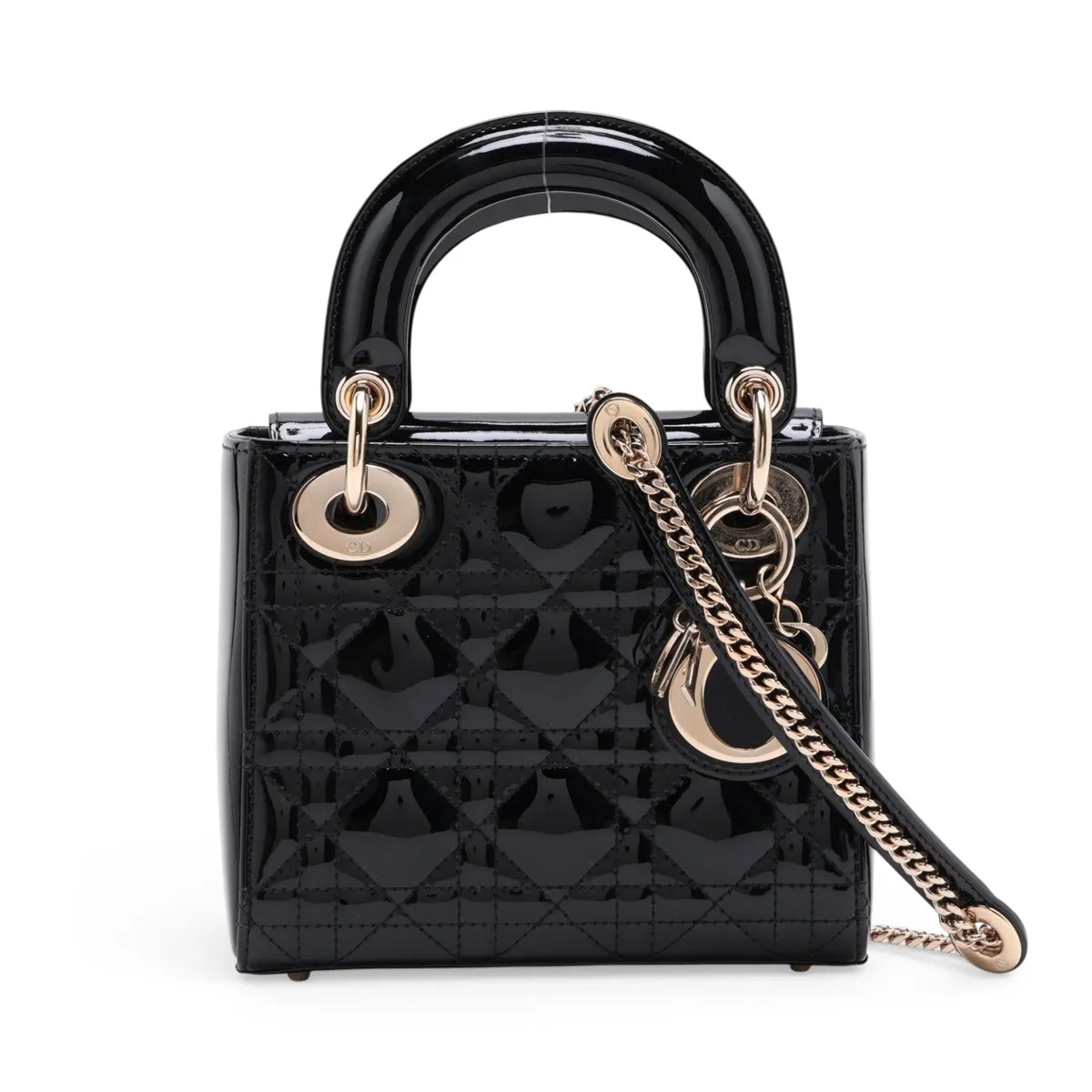 Christian Dior Cannage Lady Dior Mini Patent Leather 2 Way Handbag Black