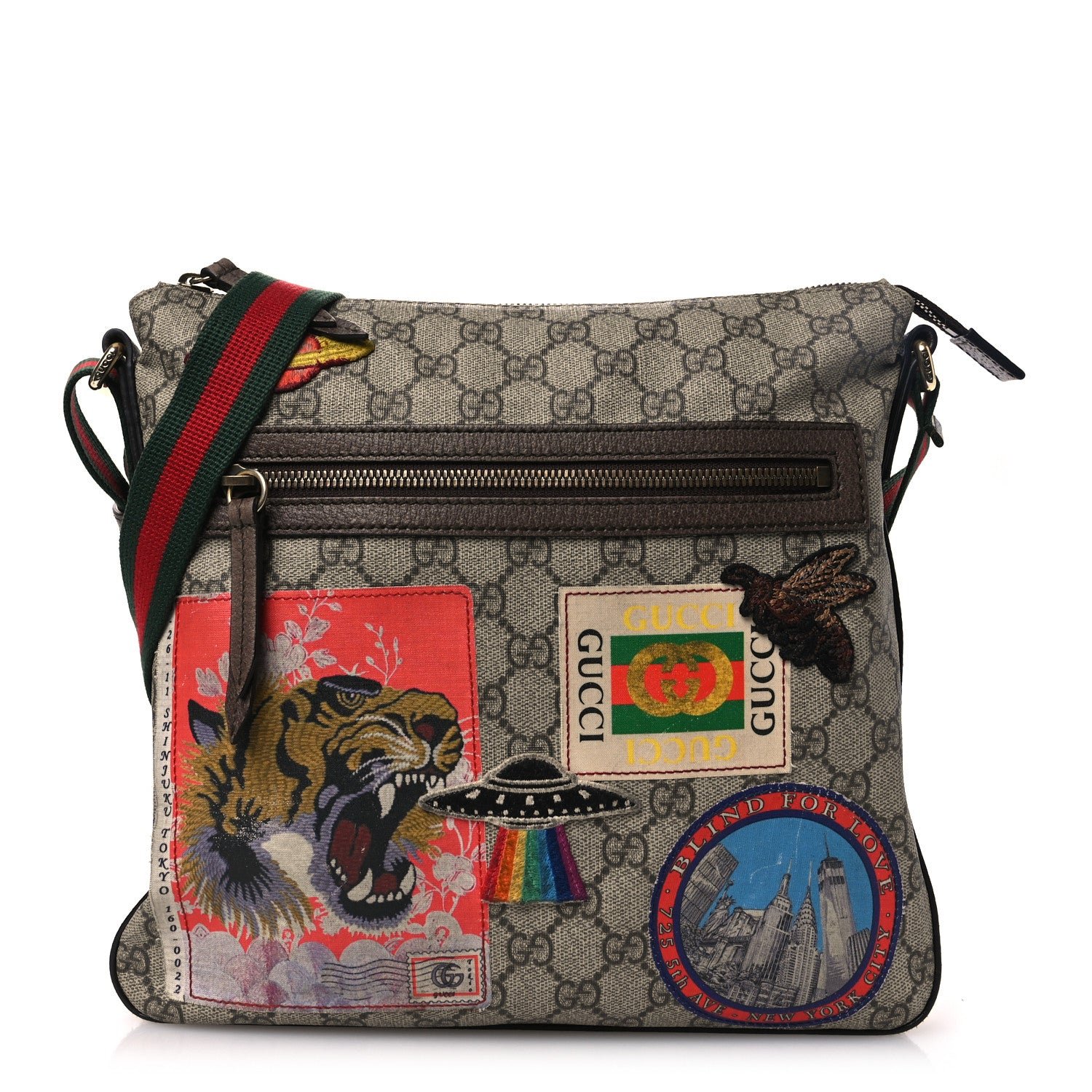 Gucci Soft GG Supreme Monogram Courrier Web Medium Flat Messenger Bag Beige New Acero Multicolor