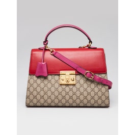 Gucci Red/Pink GG Supreme Coated Canvas and Leather Signature Padlock Medium Top Handle Bag