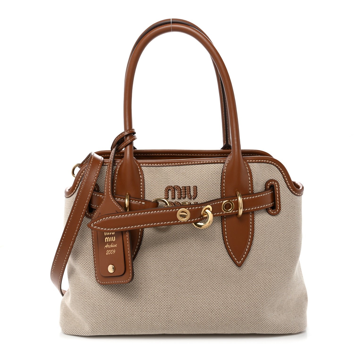 Miu Miu Canvas Calfskin Aventure Bag Beige Brandy
