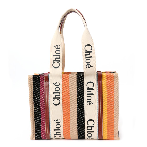 Chloe Cotton Calfskin Medium Woody Striped Tote Multicolor